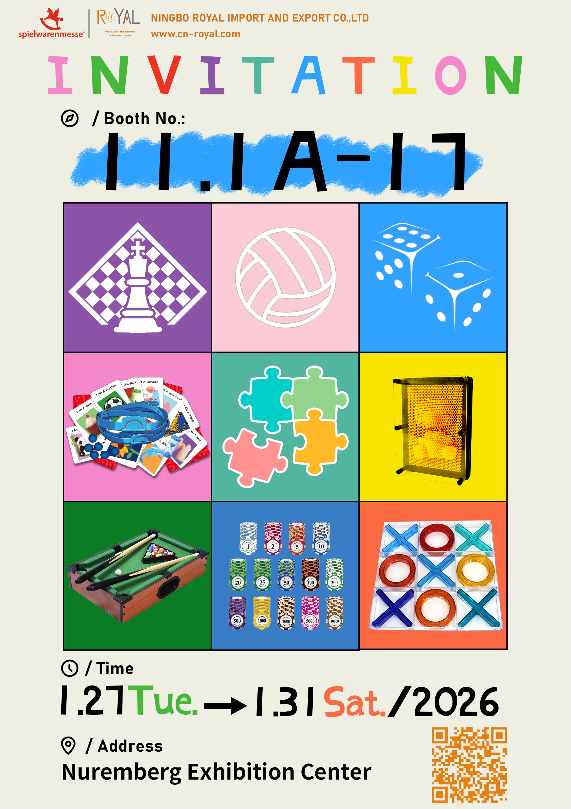 خطاب دعوة لحضور معرض Spielwarenmesse 2026 في نورمبرج، ألمانيا من: Ningbo Royal Import And Export Co., Ltd.